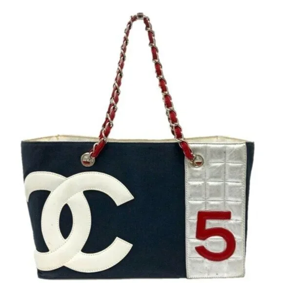 Authentic CHANEL CC No 5 Canvas Chocolate Bar Shoulder Tote Bag Quilted Chain - Picture 1 of 16
